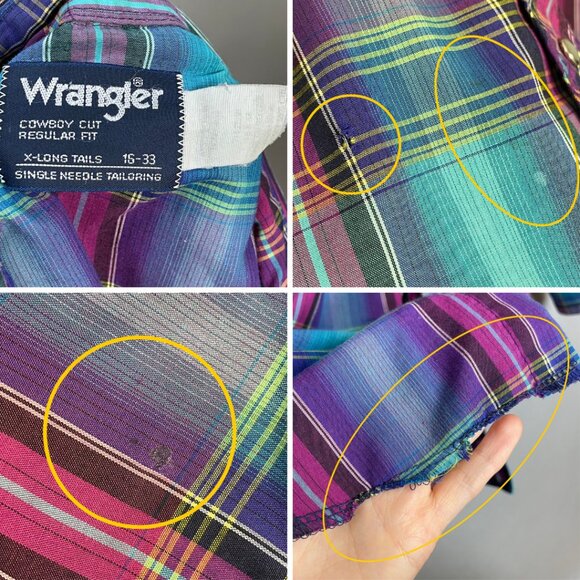 Vintage 90s Wranglers Shirt Men Sz 16-33 X-Long Tails Colorful Plaid Pearl Snaps - Picture 9 of 16